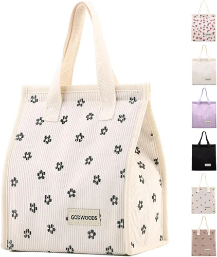 Vista 14 de TELLUMO Bolsa de almuerzo de corduroy para mujeres y hombres, linda bolsa de almuerzo con aislamiento y gran capacidad (7.5L), bolsa de almuerzo