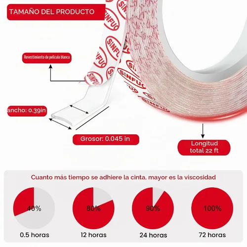 Vista 2 de Sinfuo Cinta adhesiva de doble cara resistente (0.39 pulgadas x 22 pies), cinta adhesiva nano extraíble de doble cara, cinta adhesiva transparente