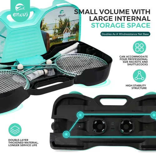 Vista 5 de Juego de bádminton ENOVI EasyGo, con red, 4 raquetas, 4 volantes, caja de almacenamiento portátil, para patios, juegos de exterior, juegos de jardín