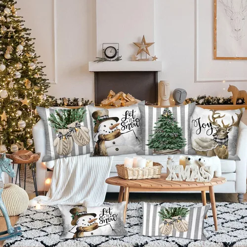 Vista 3 de Lanpn Juego de 4 fundas de almohada navideñas de invierno de 12 x 12 pulgadas, guantes de muñeco de nieve, alce, eucalipto, funda de cojín