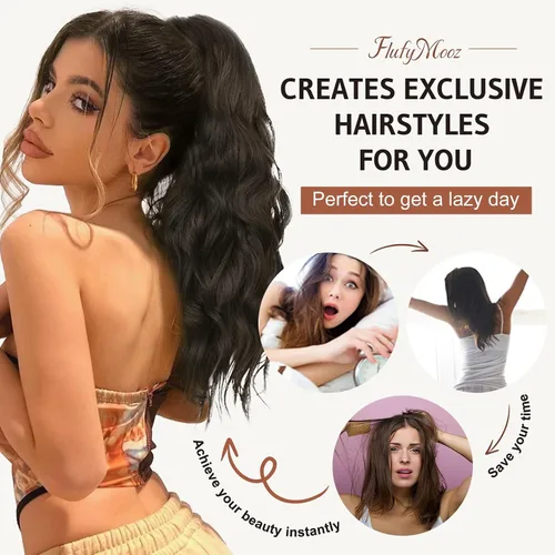 Vista 4 de FLUFYMOOZ Extensión de cola de caballo, extensión de cola de caballo con clip de garra de 18 pulgadas, extensiones de cabello ondulado y rizado