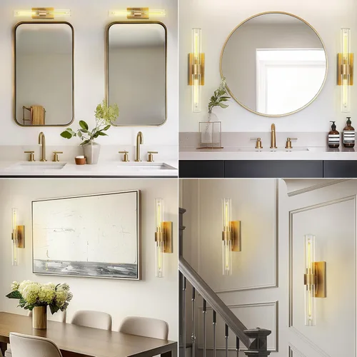 Vista 6 de Apliques de pared modernos de latón y vidrio, luces de tocador de 24 pulgadas para baño, 2 luces, aplique de pared lineal horizontal o vertical