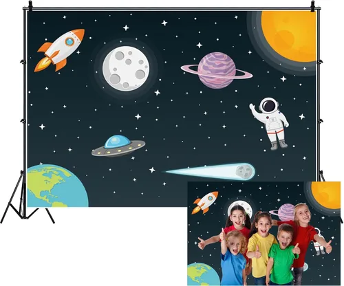 Vista 7 de Renaiss Fondo de espacio exterior de 5 x 3 pies, universo galaxia, cielo estrellado, astronauta, cohete, planeta, fiesta, fondo de fotografía