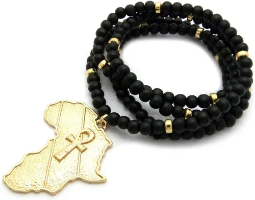 Vista 3 de Mens egipcio Ankh Cruz Africa Map Power Puño Oro Colgante 6mm 30" Bead Collar de madera