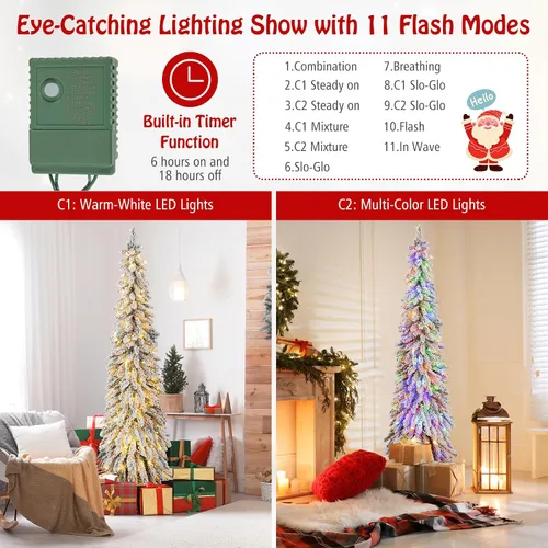 Vista 4 de GOFLAME Árbol de Navidad Artificial Preiluminado de 6 Pies, Árbol de Navidad Delgado con Cobertura de Nieve y Forma de Lápiz con Luces LED