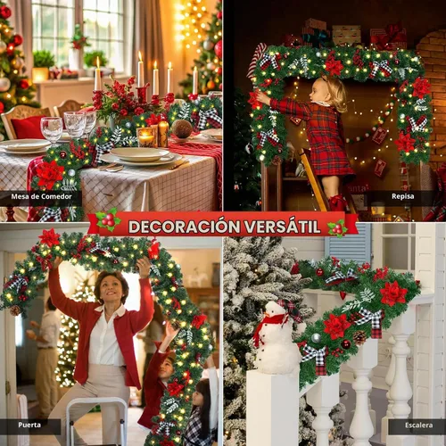 Vista 7 de DOIOWN Guirnalda de Navidad, guirnalda de Navidad preiluminada de 9 pies con luces, 100 luces LED de decoración de Navidad con bayas, lazos, piñas