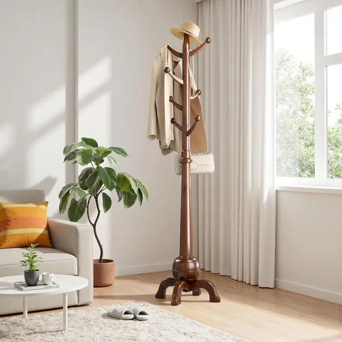 Vista 9 de Perchero de madera independiente, árbol de madera maciza con 8 ganchos, árbol de abrigo independiente resistente con base estable, entrada, pasillo