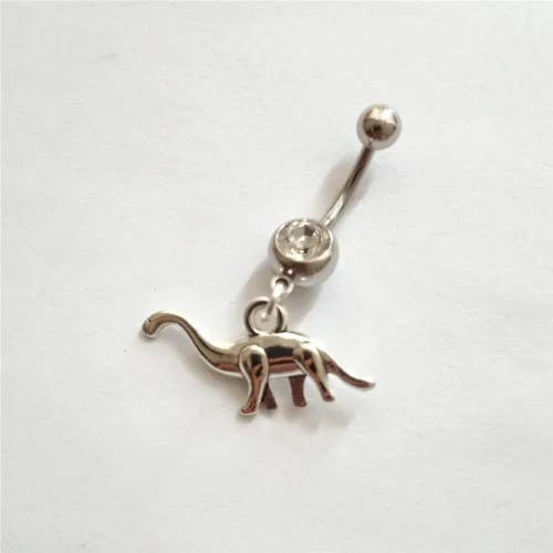 Vista 3 de 3pcs Punk Dinosaur Dangle Pendant Belly Button Ring, Tiny Velociraptor Charm Stainless Steel 14 Gauge Navel Barbell Ring