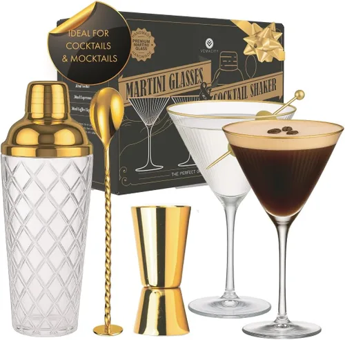Vista 11 de VEMACITY - Regalos de lujo de Martini Espresso Juego de coctelera dorada + 2 copas de Martini Espresso - Kit de cóctel con colador integrado
