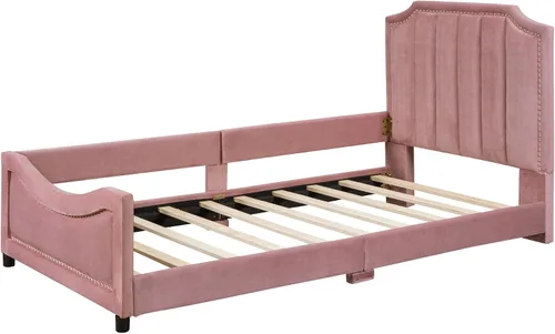 Vista 4 de Sofá cama tapizado tamaño individual, bonito sofá cama de cuero de terciopelo con cabecera clásica en forma de rayas, base de cama de madera