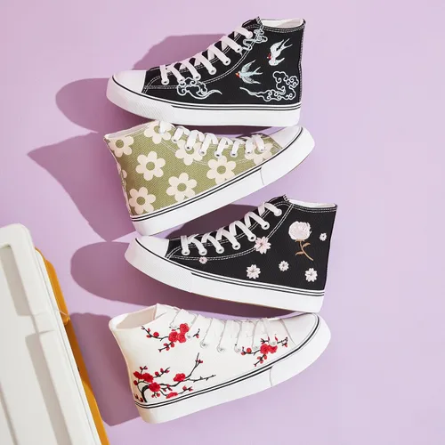 Vista 5 de kufeiti Zapatillas de lona altas para mujer, zapatos de lona con cordones blancos y negros, zapatos casuales para caminar
