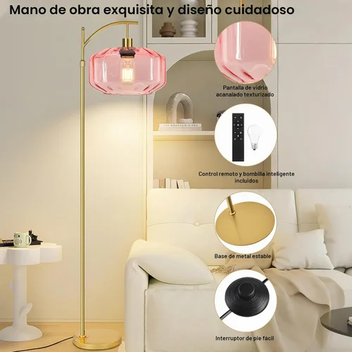 Vista 5 de Lámparas de pie doradas para sala de estar, dormitorio, lámpara de pie de cristal con control remoto y pantalla rosa, lámpara de pie regulable