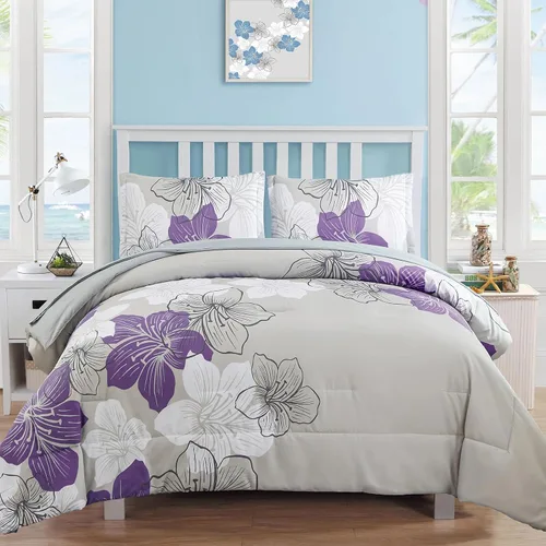 Vista 33 de Luxudecor Juego de edredón floral tamaño individual, 6 piezas de cama en una bolsa, edredón floral azul y juego de sábanas, juego de ropa de cama