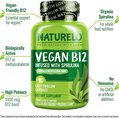 Vista 2 de NATURELO B12 vegano - Metil B12 con espirulina orgánica - Vitamina B12 de alta potencia 1000 mcg metilcobalamina - Apoya el estado de ánimo