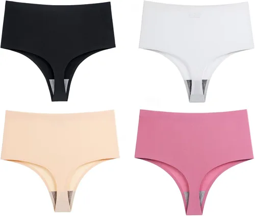 Vista 4 de linsgbpo Tanga de cintura alta para mujer, ropa interior suave con forro de algodón, paquete de 4