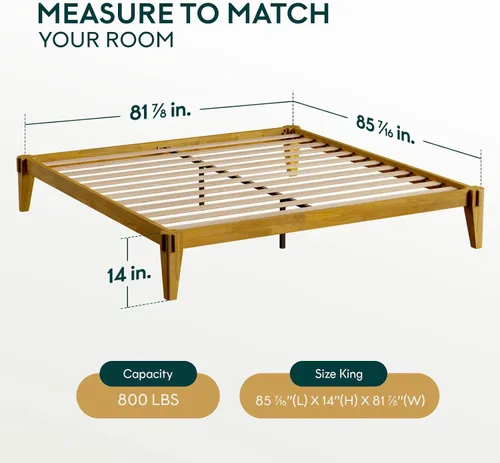 Vista 2 de Bme Chalipa Marco de Cama King de 14" - Plataforma de Cama de Madera Maciza - Marco de Cama de Carpintería Japonesa - Soporte de Listones de Madera