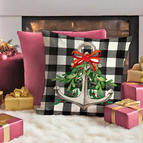 Vista 5 de Fahrendom Juego de 4 fundas de almohada decorativas náuticas de Feliz Navidad, 18 x 18 pulgadas, funda de almohada con ancla de Navidad costera