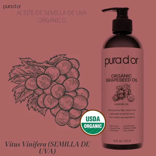 Vista 3 de PURA D'OR Aceite de semilla de uva orgánico de 16 onzas – Aceite portador prensado en frío 100% puro y natural certificado por la USDA – Ligero