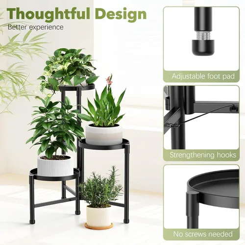 Vista 3 de Soporte esquinero de 3 niveles para plantas para interiores y exteriores, estante de metal para plantas con bandeja de 10 pulgadas de ancho, soporte