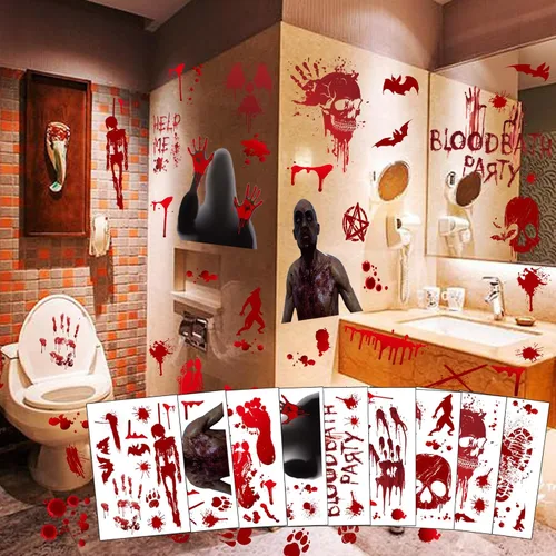 Vista 10 de MSQ 95 calcomanías de ventana sangrientas – Calcomanías extraíbles de huellas de mano para decoración de fiesta de Halloween, 9 hojas de calcomanías