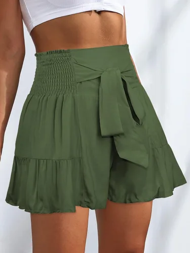 Vista 2 de Pantalones cortos de verano para mujer, estilo casual, con lazo, cintura alta, con volantes, plisados, lindos pantalones cortos para la playa