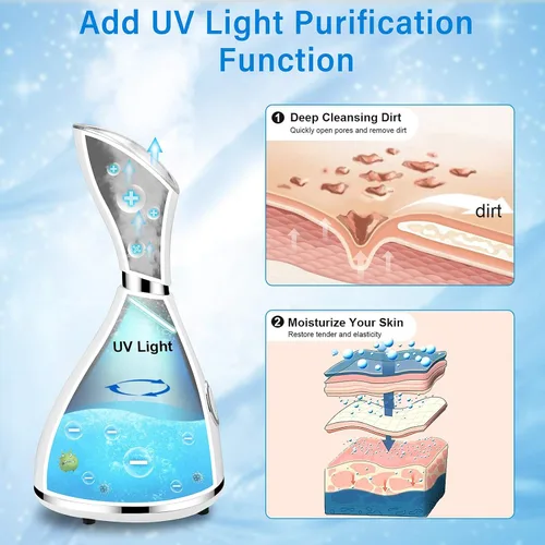 Vista 6 de Vaporizador facial nano iónico, humidificador de niebla cálida para limpieza facial profunda, kit de piel de acero inoxidable de 4 piezas, banda