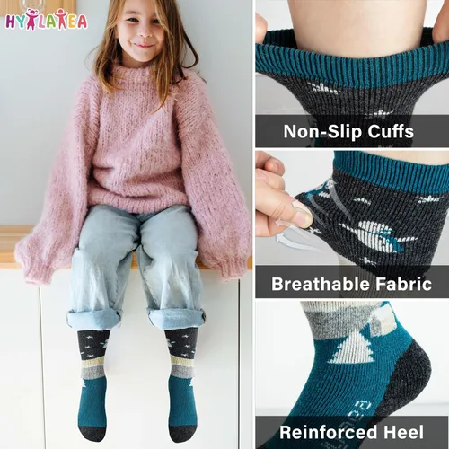 Vista 5 de Hylaea Calcetines de esquí de lana merino para niños, calcetines térmicos cálidos hasta la rodilla para patinaje de snowboard para niños y niñas