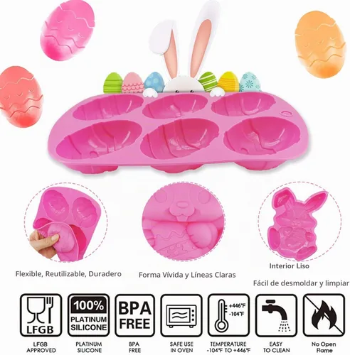 Vista 3 de Molde de conejo grande para huevos de Pascua, molde de silicona con forma de huevo de Pascua en 3D, molde de silicona para pastel de conejo de Rosa