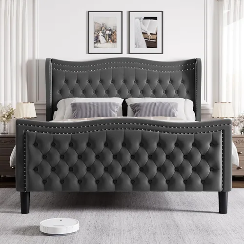 Vista 3 de Estructura de cama Full con cabecera y pie de cama altos, estructura de cama plataforma tapizada en terciopelo con respaldo tipo alas acolchado