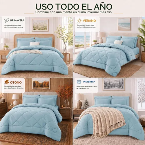 Vista 7 de CozyLux - Juego de edredón matrimonial de 82 x 86 pulgadas, color azul Azul claro