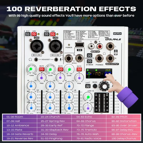 Vista 2 de Bolanle Mezclador DJ de 4 canales con 100 efectos DSP, interfaz de audio USB y Bluetooth, tarjeta de sonido profesional para podcast, karaoke
