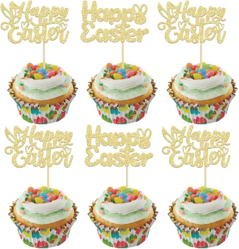 Vista 12 de Gyufise Paquete de 24 adornos azules con purpurina para cupcakes de Pascua con orejas de conejo de Pascua, decoraciones para fiesta de Pascua