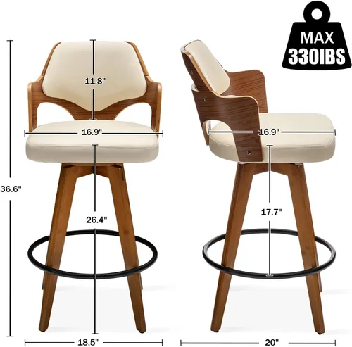 Vista 2 de MEKLIBA Juego de 2 taburetes de bar giratorios de altura de mostrador, silla de bar tapizada con patas de bambú, taburetes de mostrador con respaldo