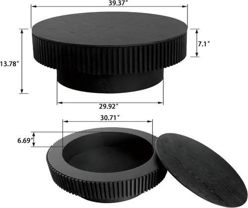 Vista 2 de Mesa de centro redonda de 39.4 pulgadas con almacenamiento oculto, mesa de centro de tambor de madera maciza con diseño artesanal Releifs, moderna