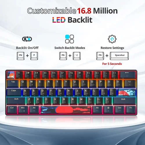 Vista 3 de Teclado mecánico 60% para juegos con interruptor rojo lineal, 60% con cable, ultra compacto, mini teclado arcoíris con teclas PBT para Ps4Ps5Xbox