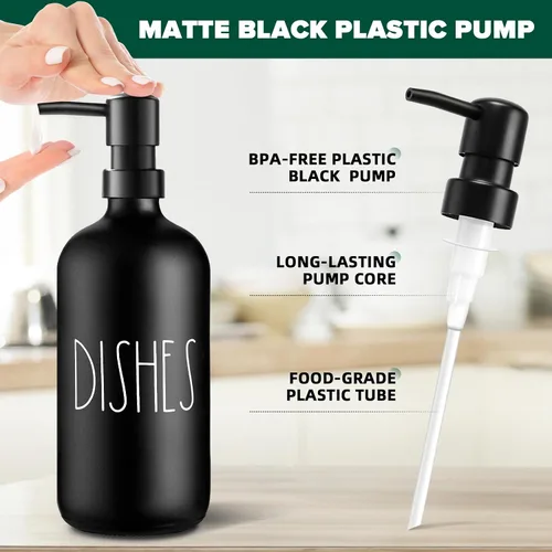 Vista 3 de VIMERPA Dispensador de Jabón para Platos, Dispensador de Jabón Negro Mate para Cocina, Dispensador de Jabón para Platos de Vidrio con Bomba