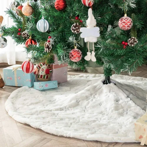 Vista 14 de Falda de árbol de Navidad de felpa negra de 24 pulgadas, pequeña, de piel sintética gruesa, lujosa decoración navideña para Año Nuevo, decoración