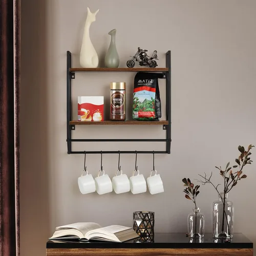 Vista 7 de Toallero de baño de 2 niveles con toallero, toallero rústico con estante para almacenamiento de pared con ganchos sobre estante de inodoro, estante