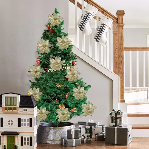 Vista 6 de Flores doradas de Pascua de Navidad, paquete de 6 flores de tela con purpurina de 9 pulgadas, adornos para coronas de Navidad, guirnaldas