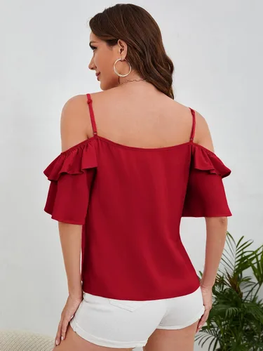 Vista 2 de WDIRARA Blusa de manga media con volantes y lazo frontal para mujer