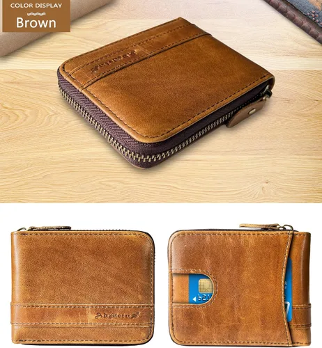 Vista 39 de Admetus - Cartera de piel auténtica para hombre con cremallera, plegable