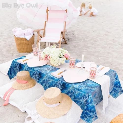 Vista 6 de Mantel de plástico con estampado de olas del océano azul bajo el mar, para playa, piscina, fiesta de cumpleaños, suministros de decoración