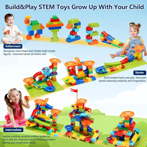 Vista 3 de COUOMOXA Construcción de Marble Run para niños: juego de bloques de construcción STEM compatible con ladrillos clásicos, juguetes educativos