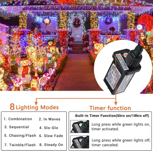 Vista 3 de Luces de Navidad multicolor, 75 pies, 200 luces de cadena LED de Navidad conectables, 8 modos, temporizador, luz de hadas parpadeante impermeable