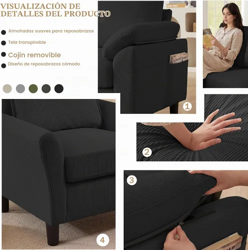 Vista 7 de Juego de sofá de pana de 3 piezas para sala de estar con sofá, otomana de almacenamiento y silla individual