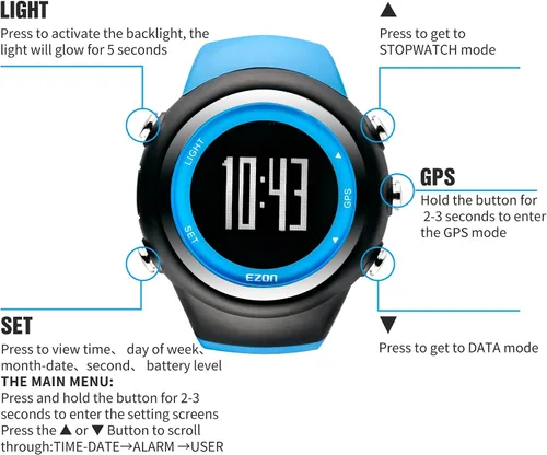 Vista 6 de EZON Reloj GPS para correr con alarma de ritmo de distancia, contador de calorías y cronómetro para hombres (azul)