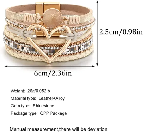 Vista 4 de Caiyao Pulsera de cuero para mujer, pulsera de cuentas con decoración en forma de corazón, pulsera de cristal bohemio con cierre magnético, pulsera