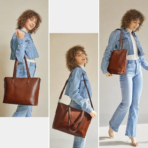 Vista 2 de S-ZONE Bolso de mano de cuero genuino para mujer, maletín vintage, bolso de trabajo, bolso grande de 15.6 pulgadas, L