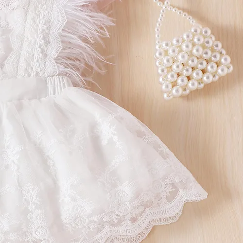 Vista 7 de Vestido de encaje para niñas pequeñas, vestido de encaje con bordado floral, manga de plumas, tul tutú, vestido de fiesta acampanado
