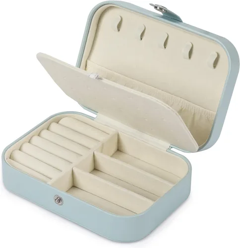 Vista 7 de Joyero de viaje, organizador de joyas pequeño de piel sintética para mujeres y niñas, mini estuche de viaje portátil de doble capa para guardar
